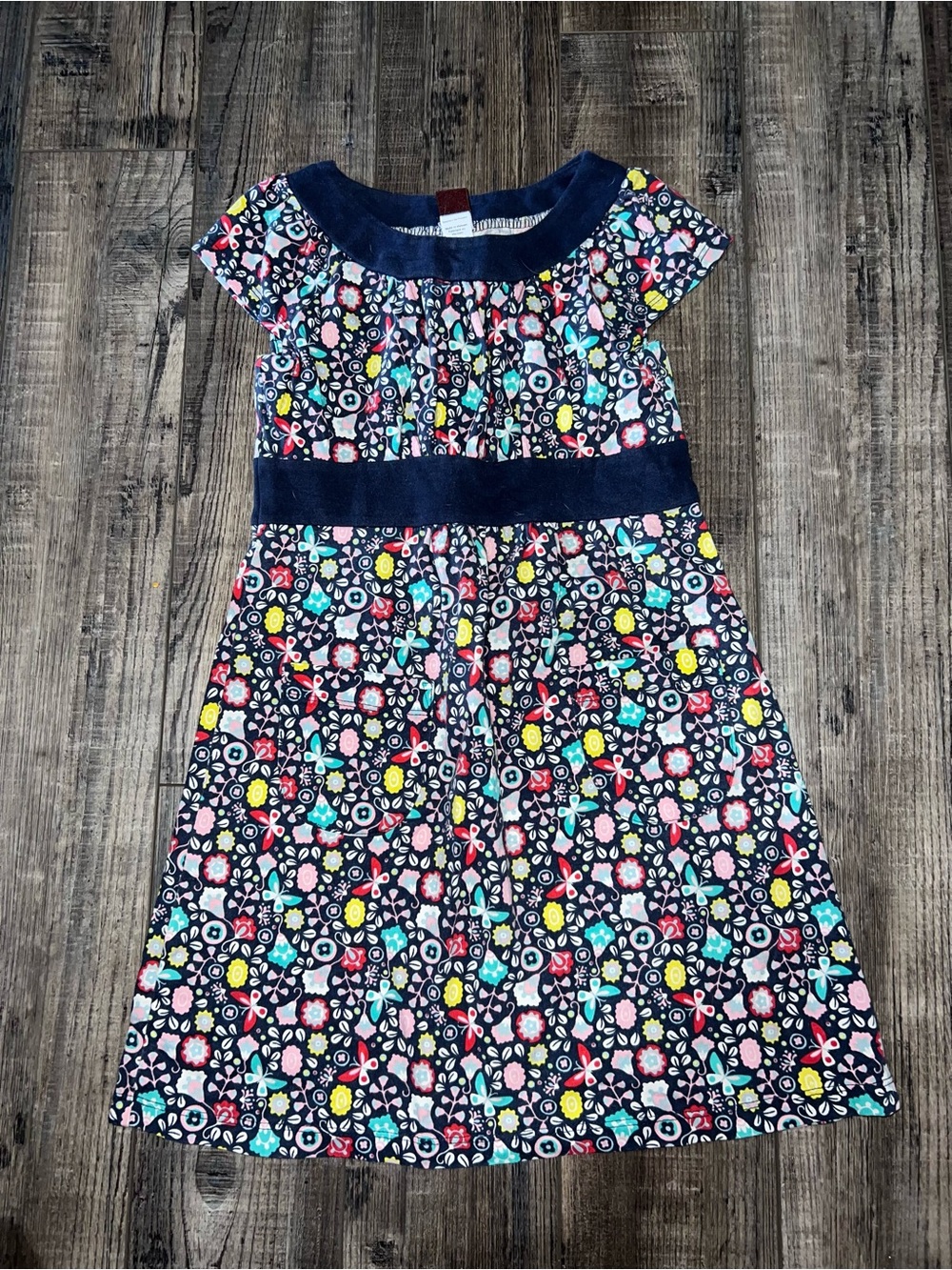 Tea Collection Navy Floral Cotton Dress with Contrast Waistband